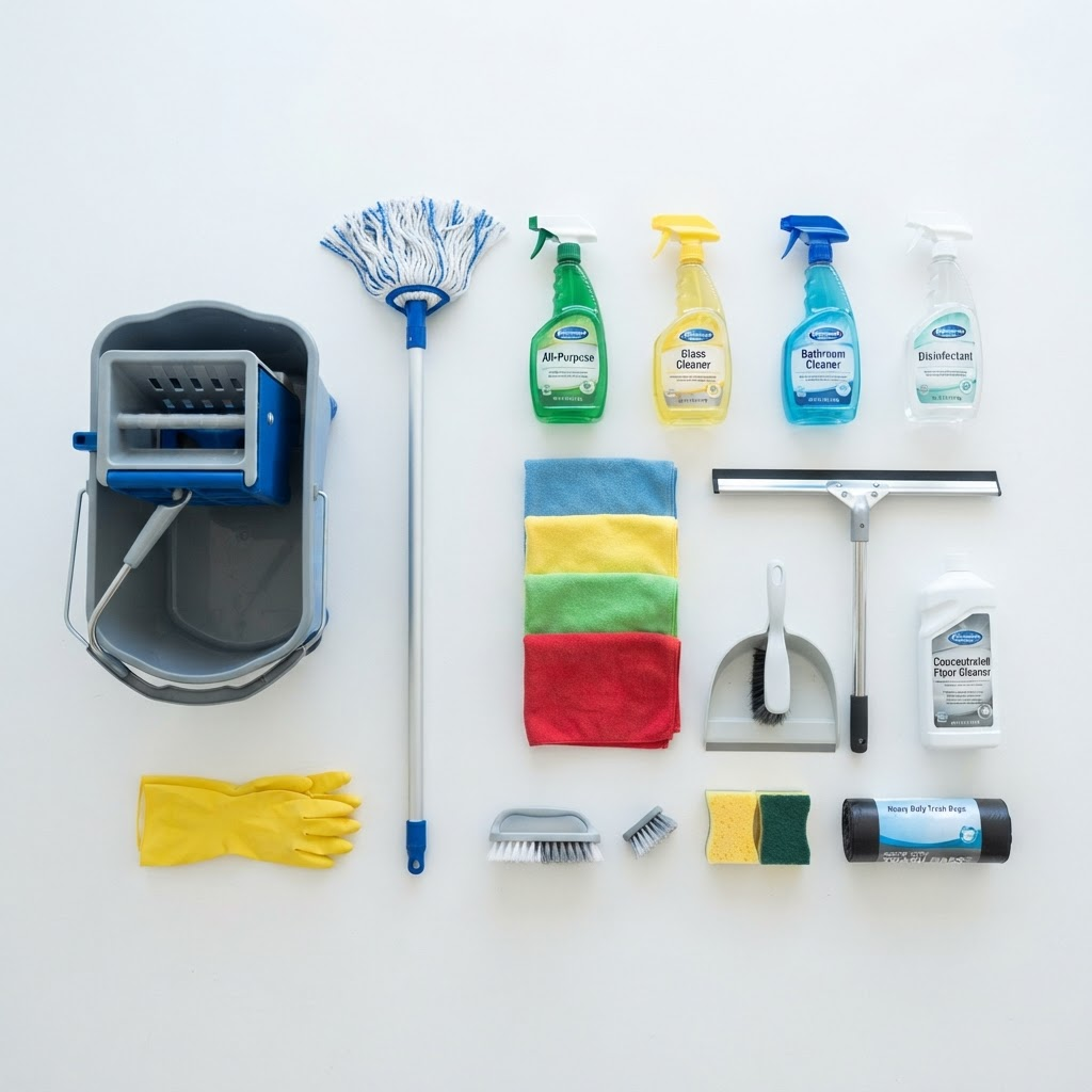 Professional cleaning supplies and equipment used by Quick Reset Local Services